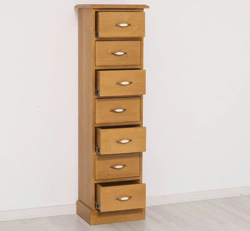 Schmale Schubladensäule aus Massivholz mit 7 Schubladen