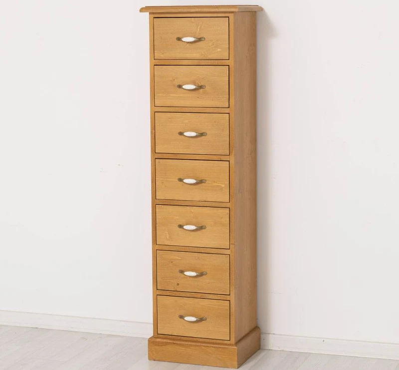 Schmale Schubladensäule aus Massivholz mit 7 Schubladen