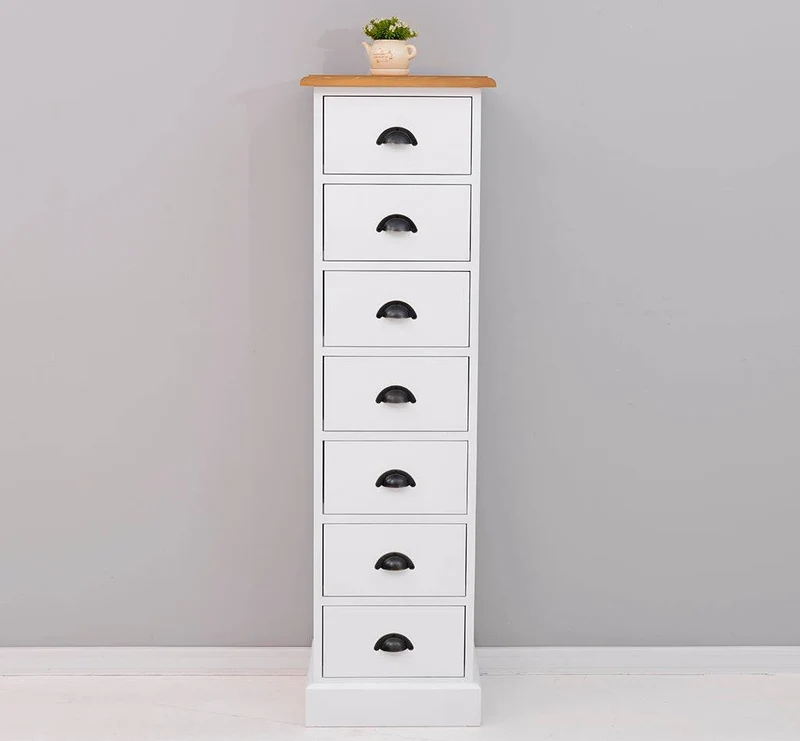 Schmale Schubladensäule aus Massivholz mit 7 Schubladen