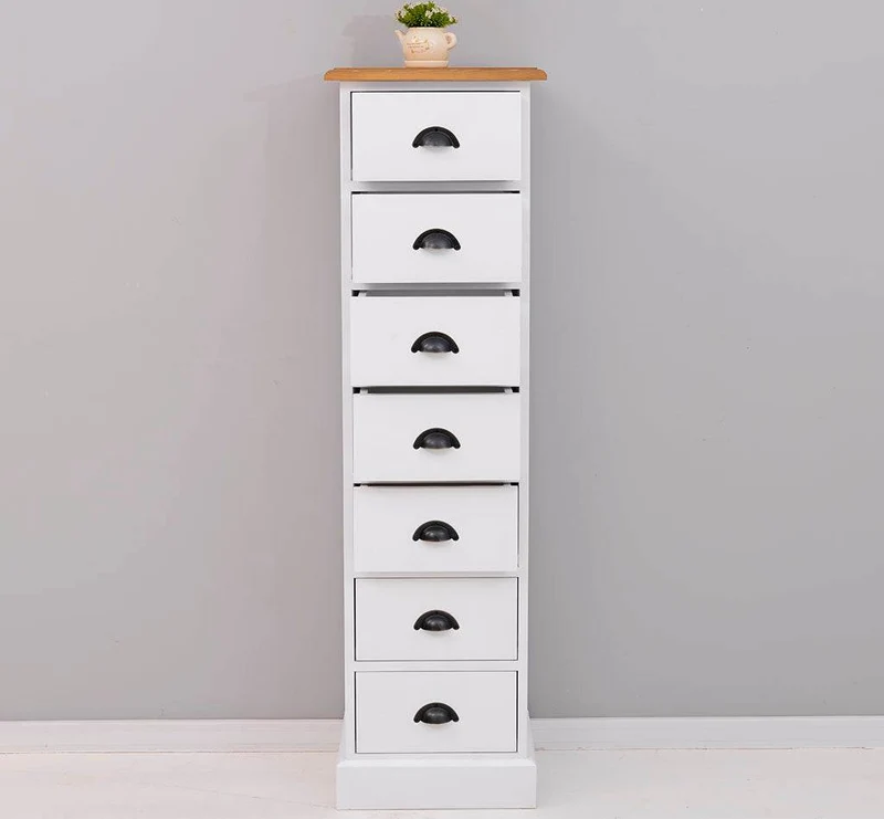 Schmale Schubladensäule aus Massivholz mit 7 Schubladen