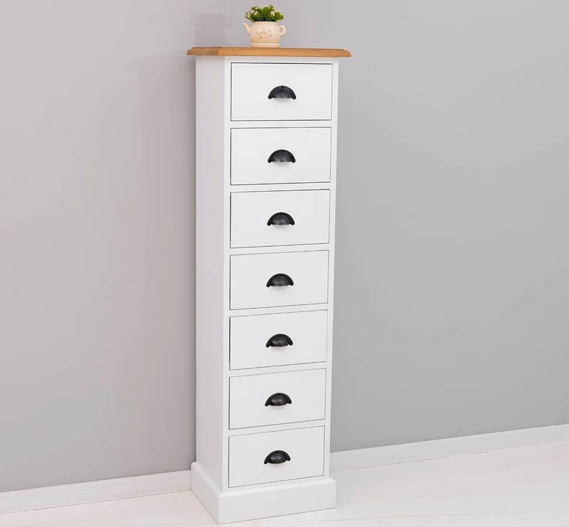 Schmale Schubladensäule aus Massivholz mit 7 Schubladen