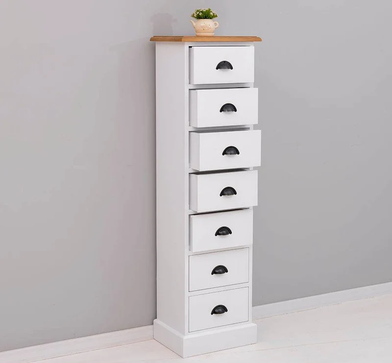 Schmale Schubladensäule aus Massivholz mit 7 Schubladen