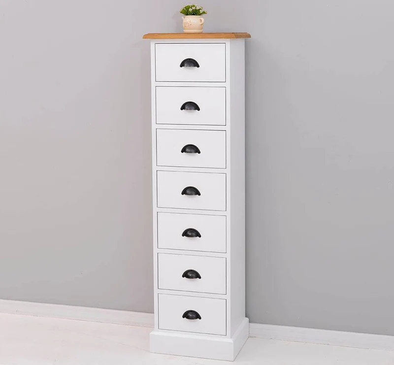 Schmale Schubladensäule aus Massivholz mit 7 Schubladen