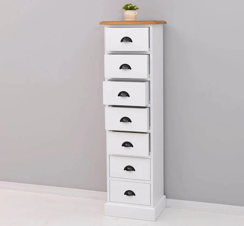 Schmale Schubladensäule aus Massivholz mit 7 Schubladen