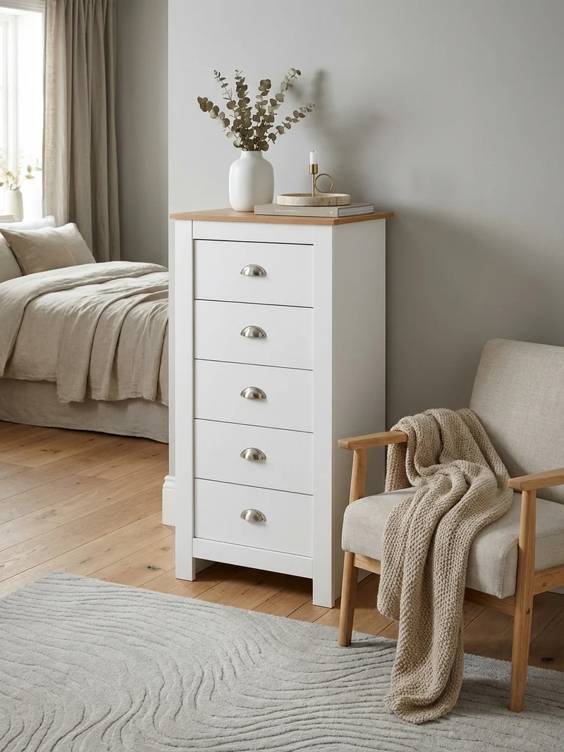 Sideboard – Eiche/Weiß, 5 Schubladen, melaminbeschichtet, platzsparend