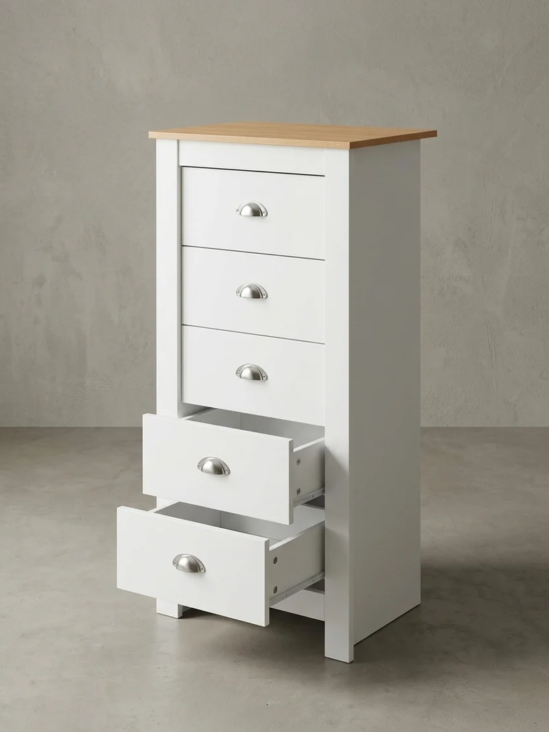 Sideboard – Eiche/Weiß, 5 Schubladen, melaminbeschichtet, platzsparend