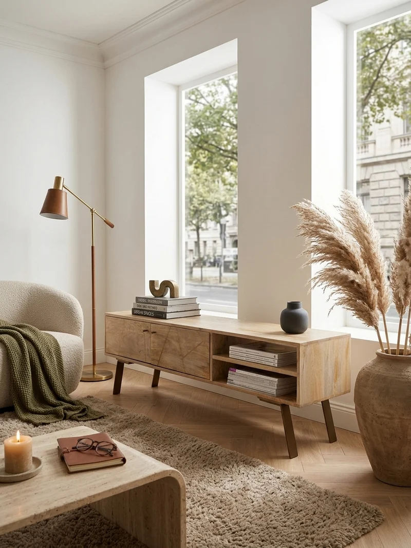 Lowboard Mango Massivholz Metall Landhausstil Modell Garda für Fernseher bis 55 Zoll