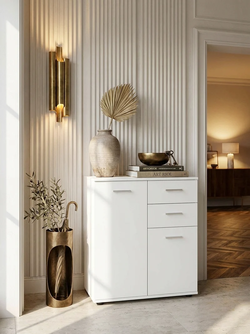 Sideboard – Weiß, 2 Türen, 2 Schubladen, kratzfest, melaminbeschichtet