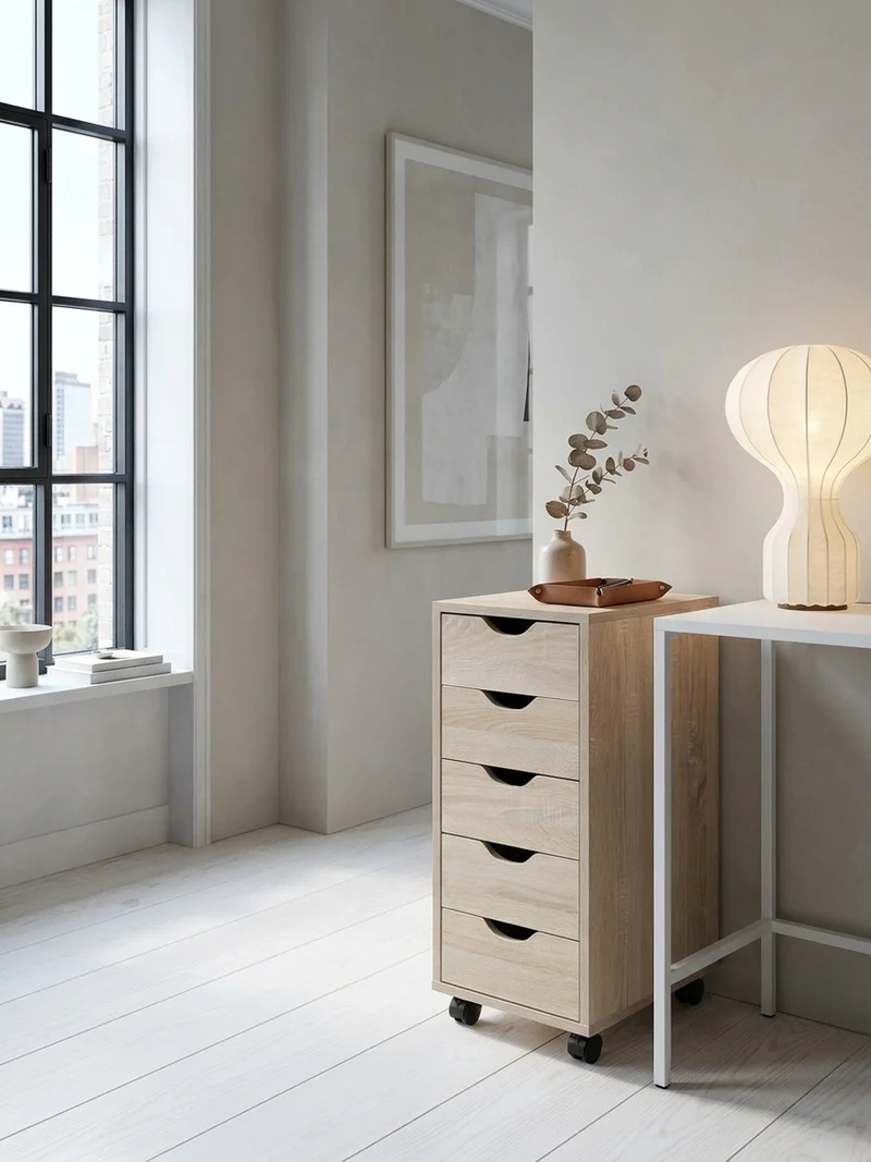 Rollcontainer – MDF-Holz, Sonoma, 5 Schubladen, Rollen, für Büro oder Wohnzimmer