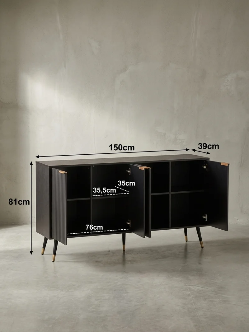 Sideboard – Schwarz/Eiche-Dekor, 150x81x39 cm, mit Türen, Metallbeine