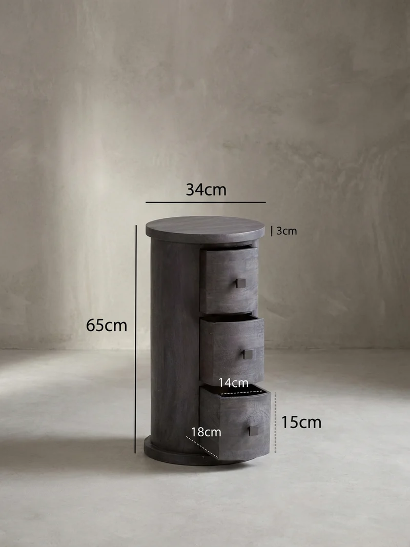 Sideboard – Mango Massivholz, 34x65x34 cm, 3 Schubladen, schmal, schwarz