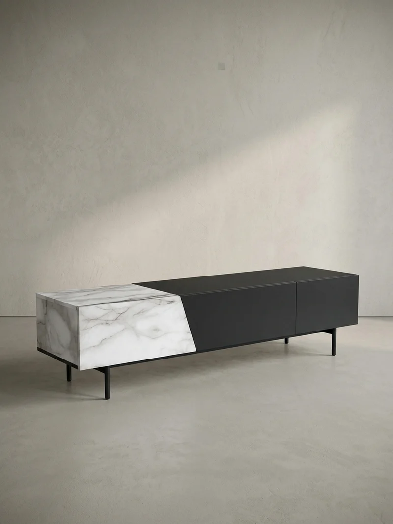 TV-Lowboard mit Marmor/Eiche-Dekor, Türen und Schublade, modern