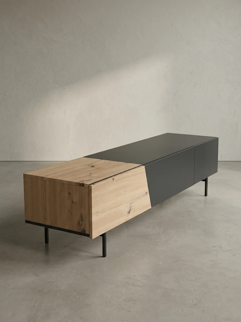TV-Lowboard mit Marmor/Eiche-Dekor, Türen und Schublade, modern