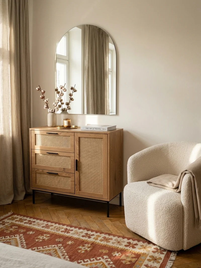 Kommode – Eiche-Dekor/Rattan, 80x82x36 cm, 3 Schubladen, 1 Tür, modern