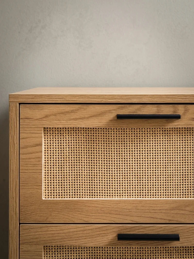Kommode – Eiche-Dekor/Rattan, 80x82x36 cm, 3 Schubladen, 1 Tür, modern
