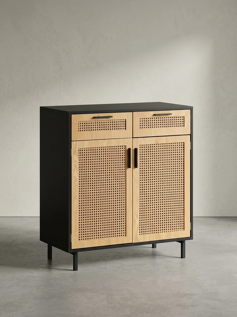 Sideboard – Schwarz, 80x86,5x40 cm, mit Wiener Geflecht, 2 Türen, Schubladen, hoch