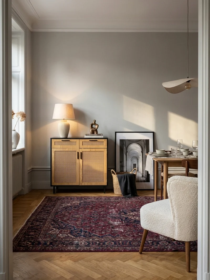 Sideboard – Schwarz, 80x86,5x40 cm, mit Wiener Geflecht, 2 Türen, Schubladen, hoch