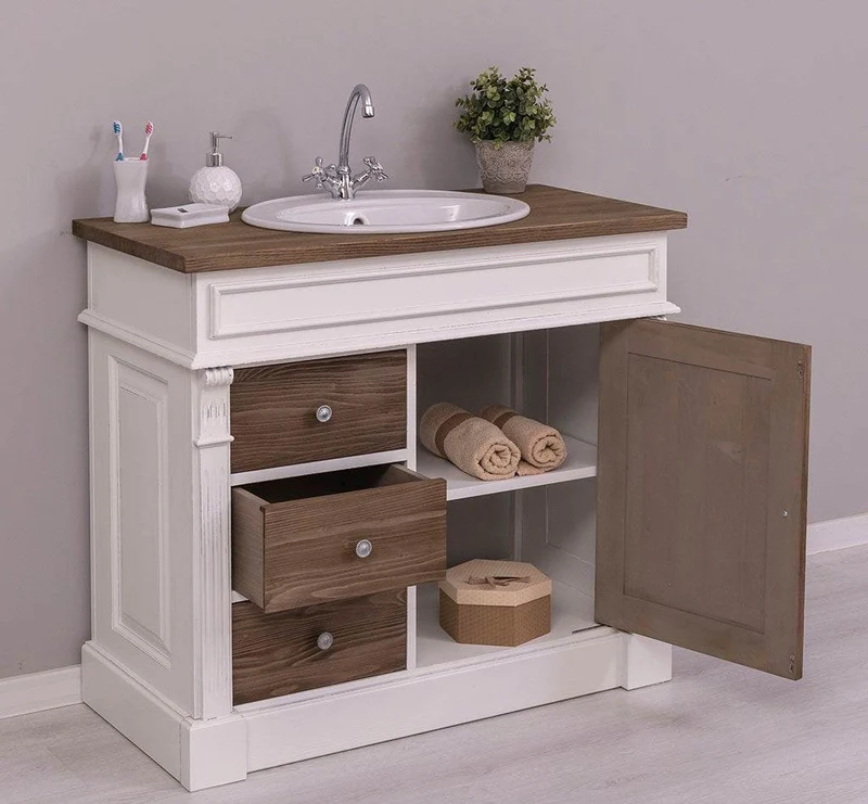 Waschbeckenunterschrank aus Massivholz mit drei Schubladen