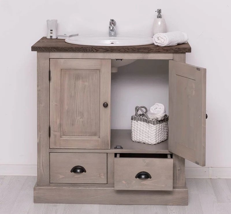 Waschbeckenunterschrank aus Massivholz mit Eichenplatte