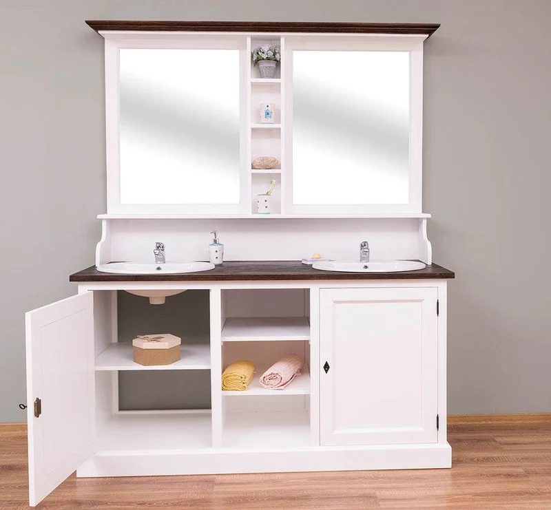 Waschbeckenschrank aus Massivholz | Badmöbel mit Spiegel | 2-teilig