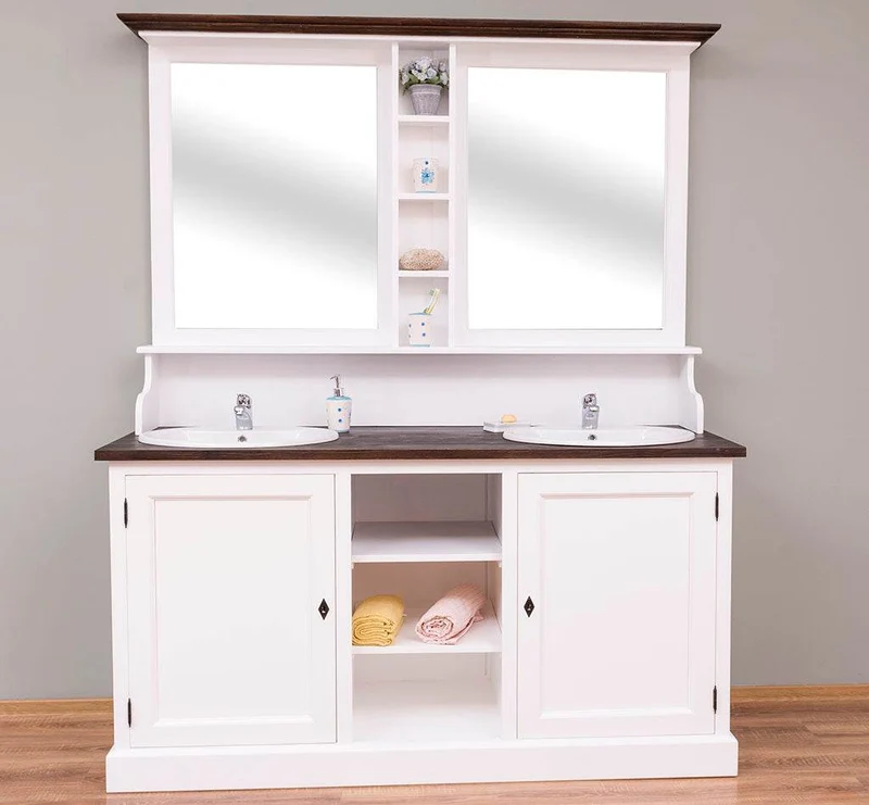 Waschbeckenschrank aus Massivholz | Badmöbel mit Spiegel | 2-teilig