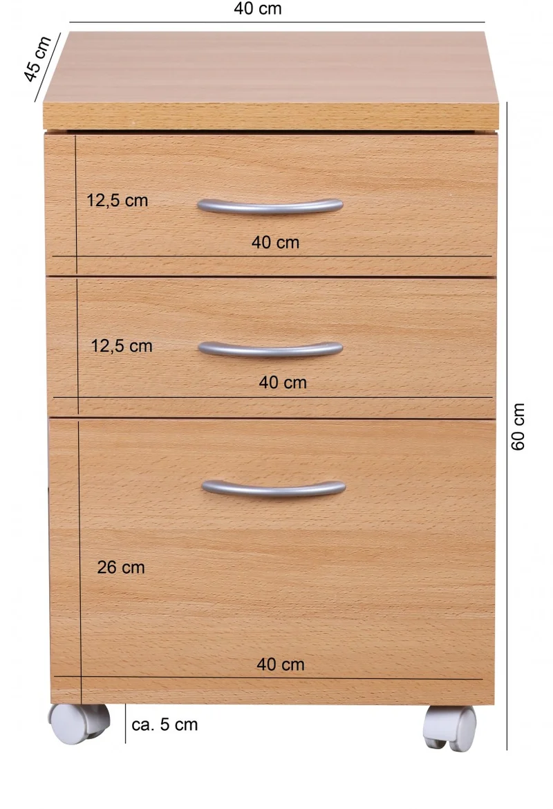 Rollcontainer – Buche, 60 cm hoch, 3 Schubladen, Aluminiumgriffe, Rollen