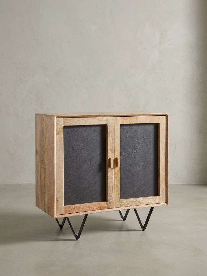 Sideboard – Mangoholz, 80x75x35 cm, mit Stauraum, anthrazitfarbene Türen