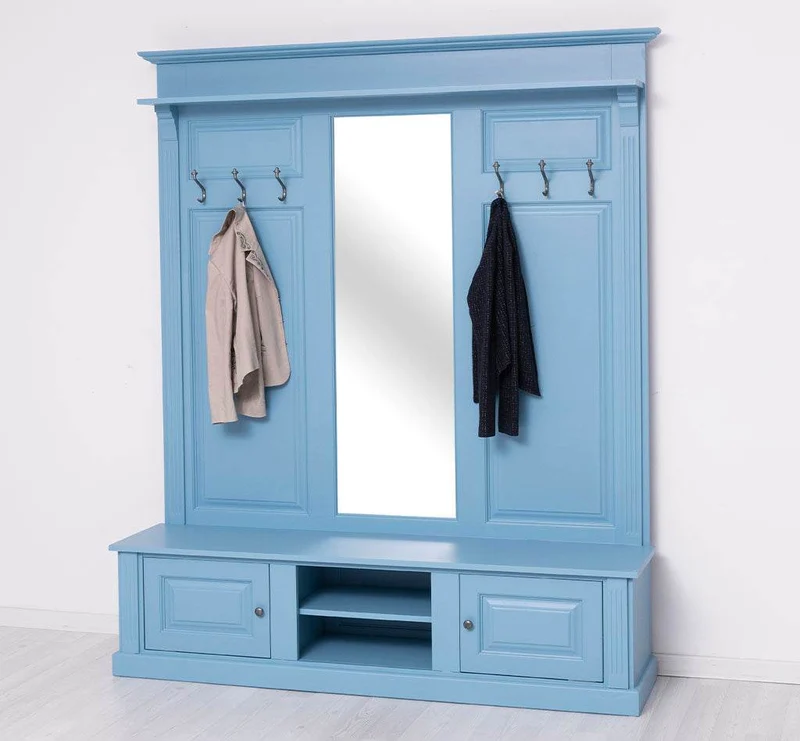 Große Garderobe aus Massivholz mit Kleiderhaken, Spiegel, Hutablage und Bank- uni
