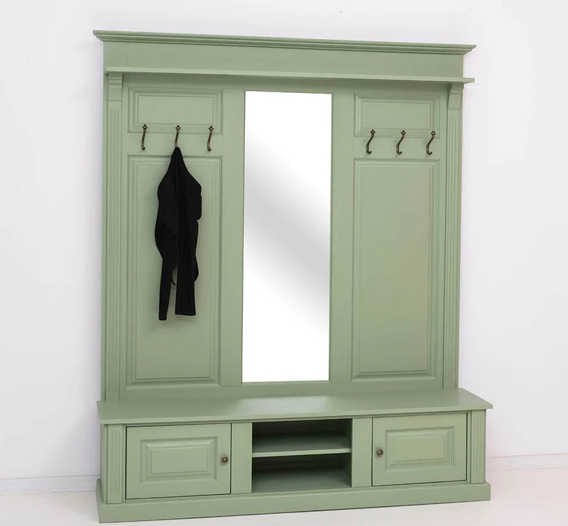 Große Garderobe aus Massivholz mit Kleiderhaken, Spiegel, Hutablage und Bank- uni