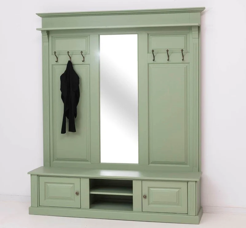 Große Garderobe aus Massivholz mit Kleiderhaken, Spiegel, Hutablage und Bank- uni