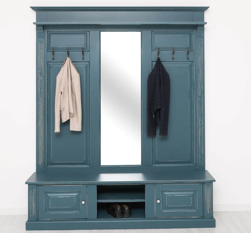 Große Garderobe aus Massivholz mit Kleiderhaken, Spiegel, Hutablage und Bank- uni