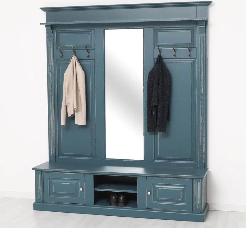 Große Garderobe aus Massivholz mit Kleiderhaken, Spiegel, Hutablage und Bank- uni