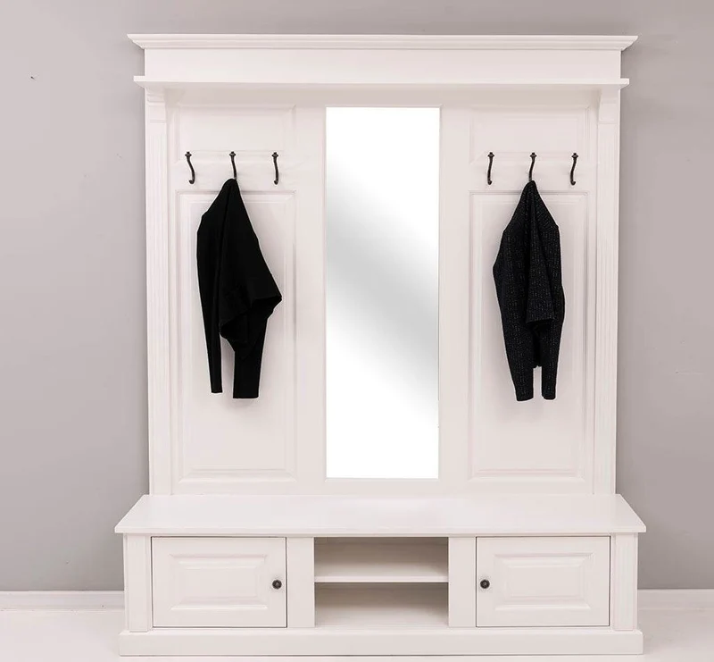 Große Garderobe aus Massivholz mit Kleiderhaken, Spiegel, Hutablage und Bank- uni