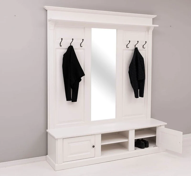 Große Garderobe aus Massivholz mit Kleiderhaken, Spiegel, Hutablage und Bank- uni