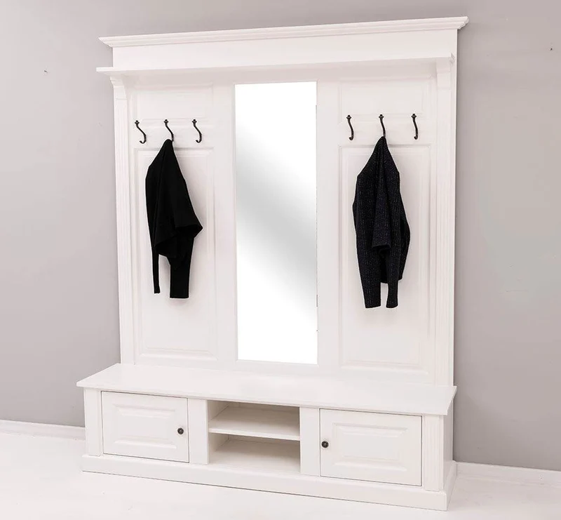 Große Garderobe aus Massivholz mit Kleiderhaken, Spiegel, Hutablage und Bank- uni