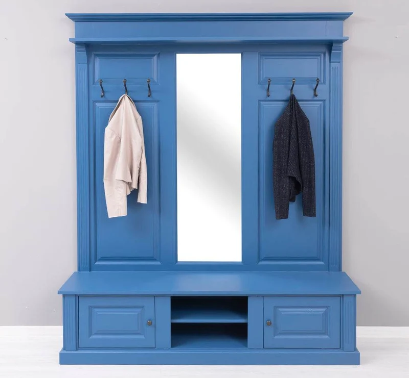 Große Garderobe aus Massivholz mit Kleiderhaken, Spiegel, Hutablage und Bank- uni