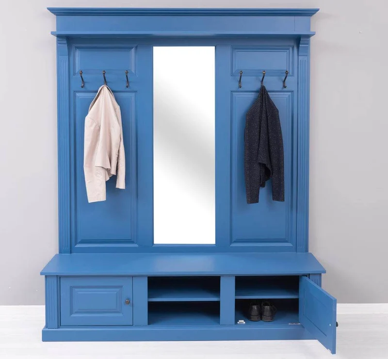 Große Garderobe aus Massivholz mit Kleiderhaken, Spiegel, Hutablage und Bank- uni