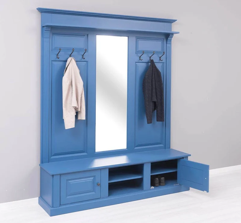 Große Garderobe aus Massivholz mit Kleiderhaken, Spiegel, Hutablage und Bank- uni