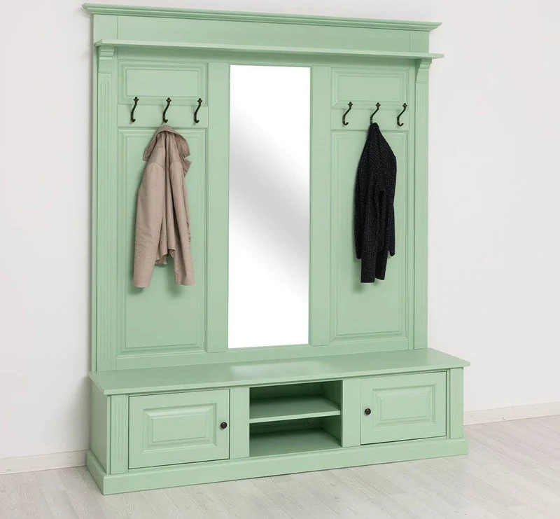 Große Garderobe aus Massivholz mit Kleiderhaken, Spiegel, Hutablage und Bank- uni