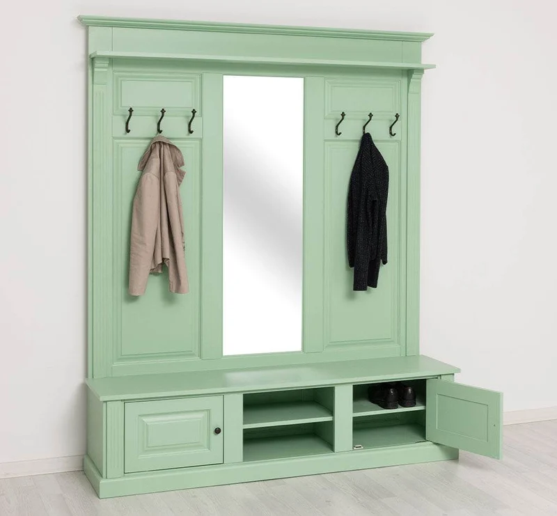 Große Garderobe aus Massivholz mit Kleiderhaken, Spiegel, Hutablage und Bank- uni