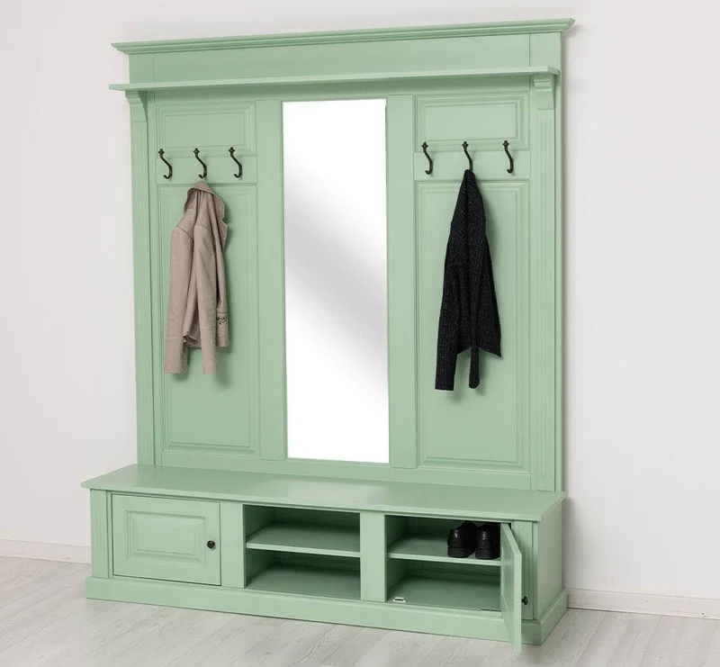 Große Garderobe aus Massivholz mit Kleiderhaken, Spiegel, Hutablage und Bank- uni