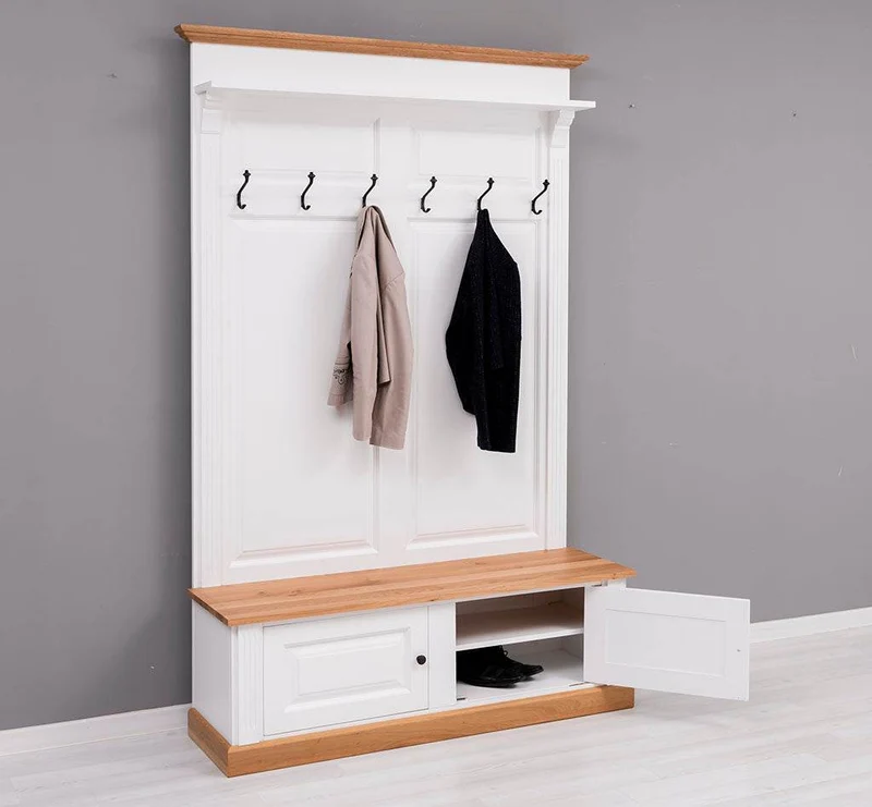 Garderobe aus Massivholz mit 6 Haken und 2 Staufächern - Eichenbank