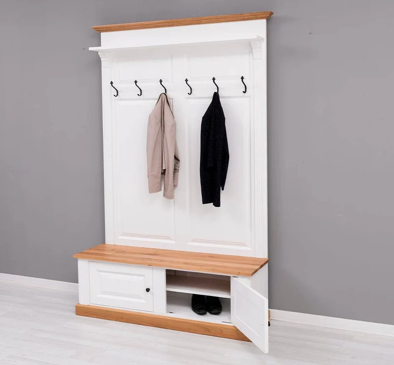 Garderobe aus Massivholz mit 6 Haken und 2 Staufächern - Eichenbank