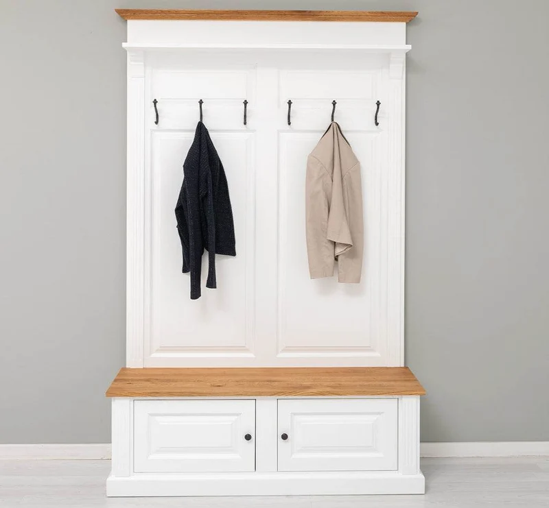 Garderobe aus Massivholz mit 6 Haken und 2 Staufächern - Eichenbank