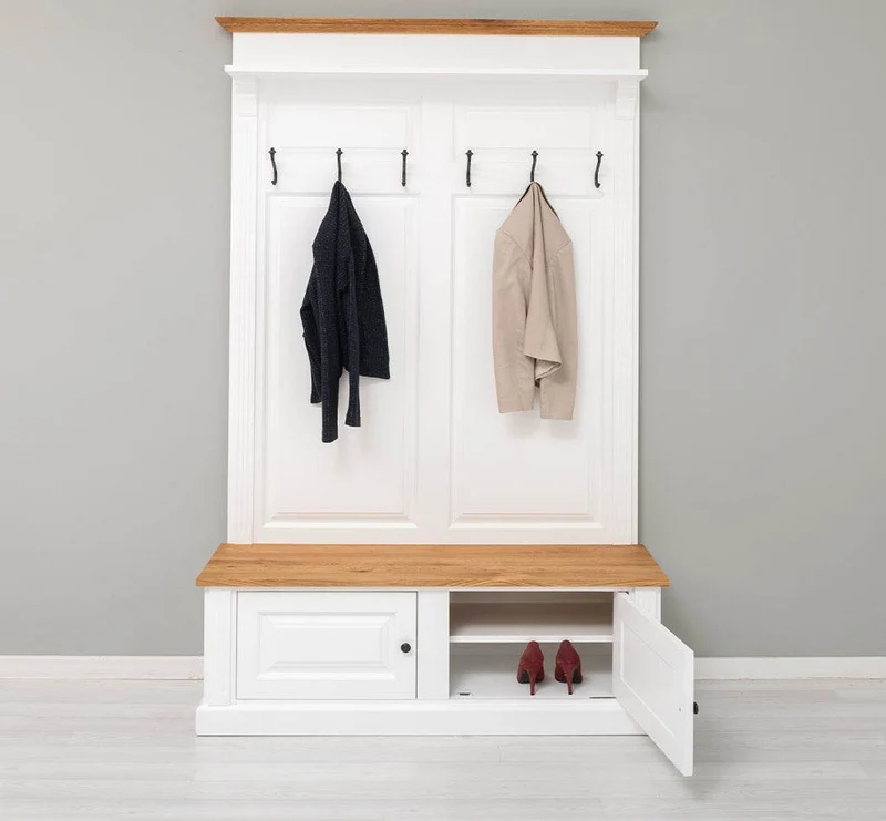 Garderobe aus Massivholz mit 6 Haken und 2 Staufächern - Eichenbank