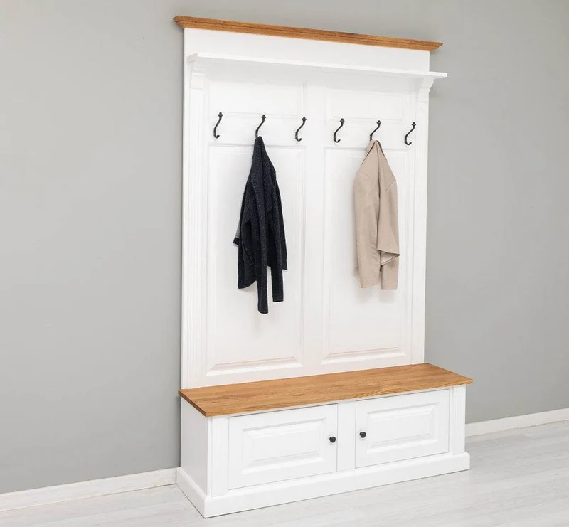 Garderobe aus Massivholz mit 6 Haken und 2 Staufächern - Eichenbank