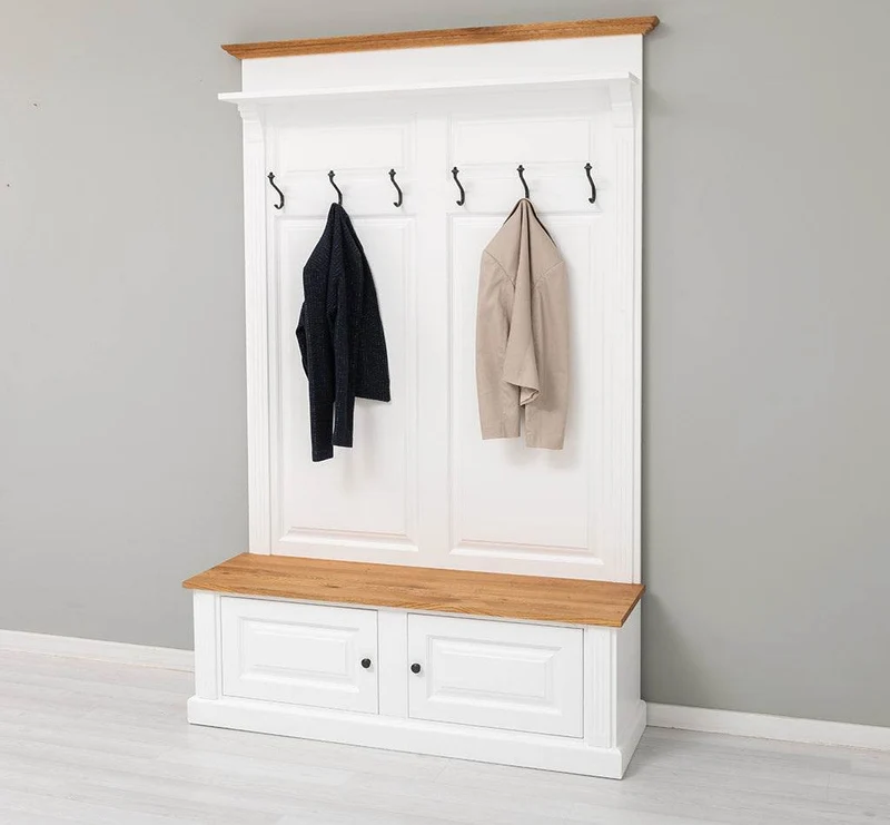 Garderobe aus Massivholz mit 6 Haken und 2 Staufächern - Eichenbank