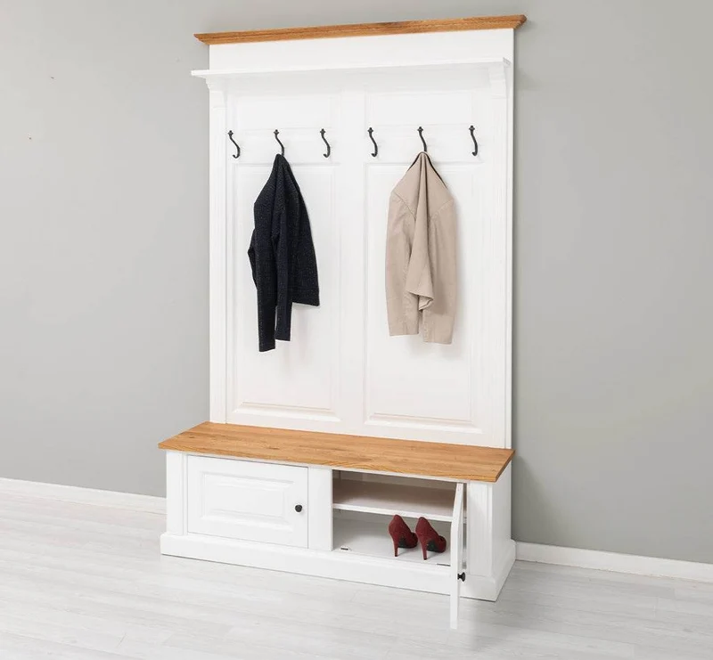 Garderobe aus Massivholz mit 6 Haken und 2 Staufächern - Eichenbank