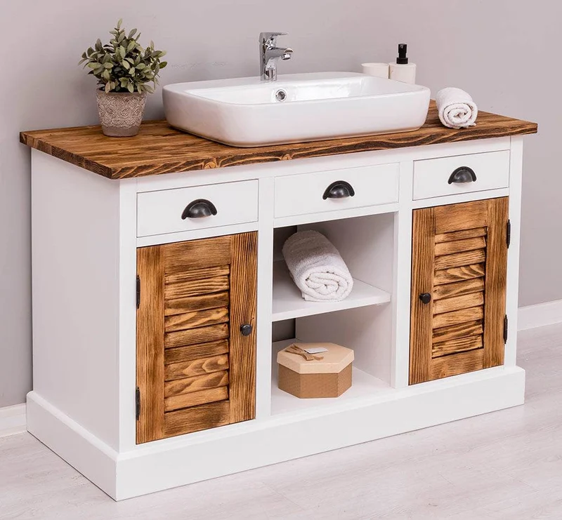 Waschbeckenunterschrank aus Massivholz mit Lamellentüren