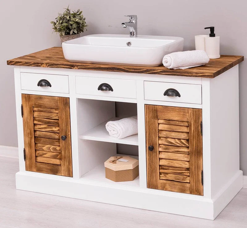 Waschbeckenunterschrank aus Massivholz mit Lamellentüren